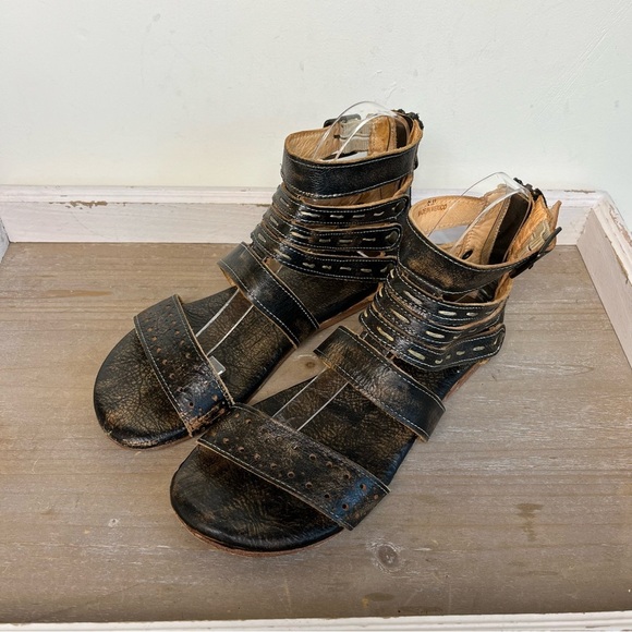 Bed|Stu Artemis Gladiator Sandals 6 Black Distressed Leather Boho Festival - Picture 1 of 14